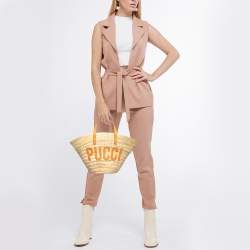 Pre Owned Emilio Pucci Tan/Natural Raffia and Leather Small Logo Basket Bag