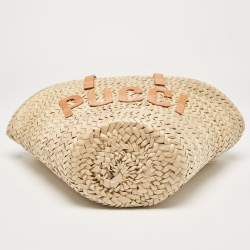 Pre Owned Emilio Pucci Tan/Natural Raffia and Leather Small Logo Basket Bag