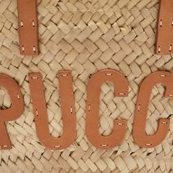 Pre Owned Emilio Pucci Tan/Natural Raffia and Leather Small Logo Basket Bag