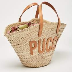 Pre Owned Emilio Pucci Tan/Natural Raffia and Leather Small Logo Basket Bag