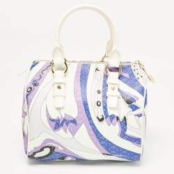 Emilio Pucci White/Multicolor Coated Canvas Boston Bag