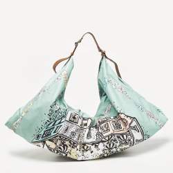 Pre Owned Emilio Pucci Green Piazzetta Satin and Leather Carre Hobo