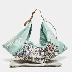 Pre Owned Emilio Pucci Green Piazzetta Satin and Leather Carre Hobo