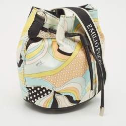 Emilio Pucci Multicolor Printed Satin and Leather Drawstring Bucket Bag
