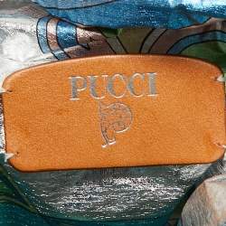 Pre Owned Emilio Pucci Blue/Cream Printed Satin and Wicker Chain Bucket Bag