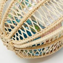 Pre Owned Emilio Pucci Blue/Cream Printed Satin and Wicker Chain Bucket Bag