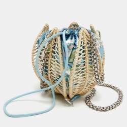 Pre Owned Emilio Pucci Blue/Cream Printed Satin and Wicker Chain Bucket Bag