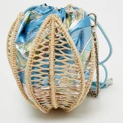 Pre Owned Emilio Pucci Blue/Cream Printed Satin and Wicker Chain Bucket Bag