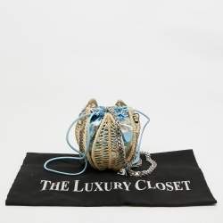 Pre Owned Emilio Pucci Blue/Cream Printed Satin and Wicker Chain Bucket Bag