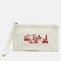 Pre Owned Emilio Pucci White Leather Wristlet Zip Pouch