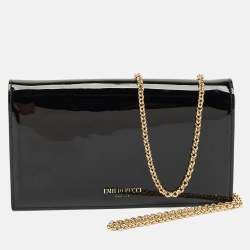 Pre Owned Emilio Pucci Black Patent Leather Flap Wallet On Chain