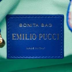 Pre Owned Emilio Pucci Bonita Multicolor Printed Satin and Woven Straw Bucket Bag