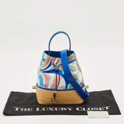 Pre Owned Emilio Pucci Bonita Multicolor Printed Satin and Woven Straw Bucket Bag