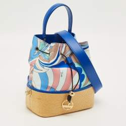 Pre Owned Emilio Pucci Bonita Multicolor Printed Satin and Woven Straw Bucket Bag