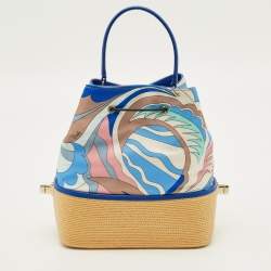 Pre Owned Emilio Pucci Bonita Multicolor Printed Satin and Woven Straw Bucket Bag