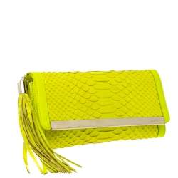 Emilio Pucci Neon Green Python and Leather Metal Bar Flap Clutch