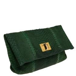 Emilio Pucci Green Python Fold Over Flap Clutch 