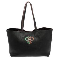Emilio Pucci Black Grained Leather Printed Shopper Tote