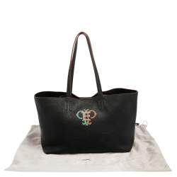 Emilio Pucci Black Grained Leather Printed Shopper Tote