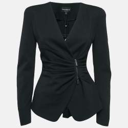 Pre Owned Emporio Armani Black Jersey Pleated Zip-Up Blazer S
