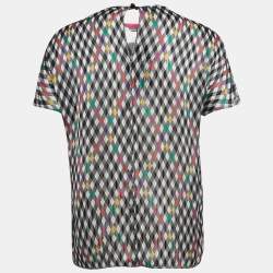 Pre Owned Emporio Armani Multicolor Checked and Logo Embroidery Silk Top S