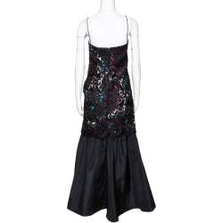Pre Owned Emporio Armani Black Printed Satin & Lace Overlay Maxi Dress S