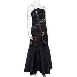 Pre Owned Emporio Armani Black Printed Satin & Lace Overlay Maxi Dress S