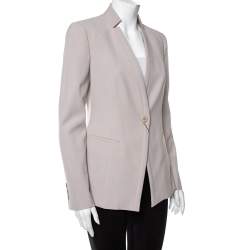Pre Owned Emporio Armani Beige Textured Crepe Button Front Stand Collar Blazer M