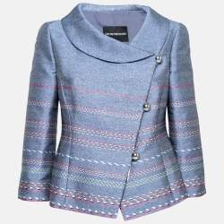 Pre Owned Emporio Armani Blue Embroidered Tweed Single-Breasted Blazer M