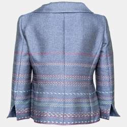 Pre Owned Emporio Armani Blue Embroidered Tweed Single-Breasted Blazer M
