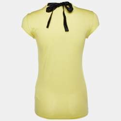 Pre Owned تي شيرت إمبوريو أرماني مزخرف بتفاصيل العنق من قطن ومودال أصفر مقاس متوسط - ميديم