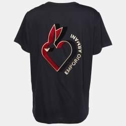 Pre Owned Emporio Armani Black Velour Pattern Cotton Knit T-Shirt L