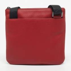 Pre Owned Emporio Armani Red/Black Leather Logo Embossed Flat Messenger Bag