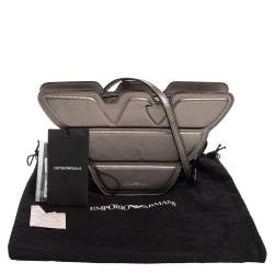 Pre Owned Emporio Armani Metallic Grey Leather Structured Logo Crossbody Bag