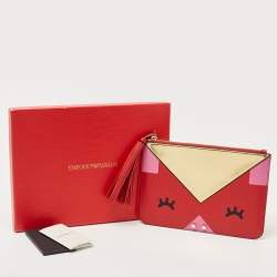 Pre Owned Emporio Armani Red/Gold Leather Pig Tassel Clutch