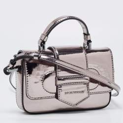Pre Owned Emporio Armani Metallic Grey Patent Leather Mini Flap Top Handle Bag