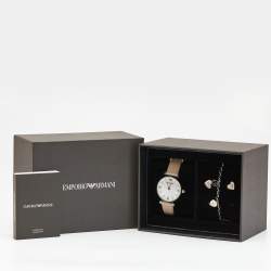 Pre Owned Emporio Armani Mother of Pearl Stainless Steel Leather AR8039 Women's Wristwatch and Bracelet Set 32 mm