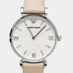 Pre Owned Emporio Armani Mother of Pearl Stainless Steel Leather AR8039 Women's Wristwatch and Bracelet Set 32 mm