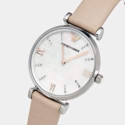 Pre Owned Emporio Armani Mother of Pearl Stainless Steel Leather AR8039 Women's Wristwatch and Bracelet Set 32 mm