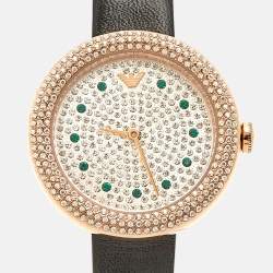 Pre Owned Emporio Armani Pavé Rose Gold Stainless Steel Leather Crystal AR11492 Women's Wristwatch 30 mm