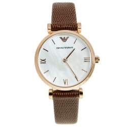Pre Owned Emporio Armani Mother of Pearl Rose Gold Plated Stainless Steel Leather AR9042L Women's Wristwatch 32 mm