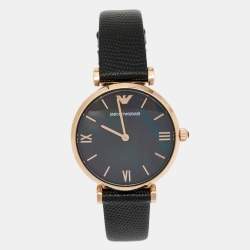 Emporio Armani Black Mother Of Pearl Gold PVD Coated Stainless Steel Embossed Leather Gianni T-Bar AR11060 Women's Wristwatch 32 mm