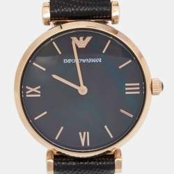 Emporio Armani Black Mother Of Pearl Gold PVD Coated Stainless Steel Embossed Leather Gianni T-Bar AR11060 Women's Wristwatch 32 mm