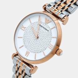 Pre Owned Emporio Armani White Crystal Two Tone Stainless Steel AR1926 Women's Wristwatch 32MM