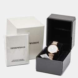 Pre Owned Emporio Armani White Crystal Pave Gold PVD Coated Stainless Steel Glitz AR11244 Women's Wristwatch 32 mm
