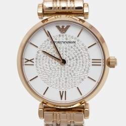 Pre Owned Emporio Armani White Crystal Pave Gold PVD Coated Stainless Steel Glitz AR11244 Women's Wristwatch 32 mm