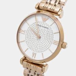 Pre Owned Emporio Armani White Crystal Pave Gold PVD Coated Stainless Steel Glitz AR11244 Women's Wristwatch 32 mm