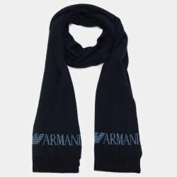 Emporio Armani Navy Blue Rib Knit Logo Intarsia Scarf