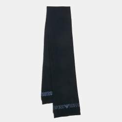 Emporio Armani Navy Blue Rib Knit Logo Intarsia Scarf