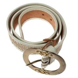 Pre Owned Emporio Armani Beige/Light Green Canvas and Leather Trim Logo Buckle Belt 85CM